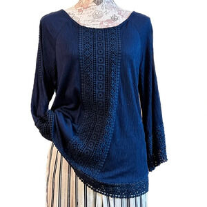 🛍️ NYGARD Navy blue‎ scoop neck top with crochet design front size PS